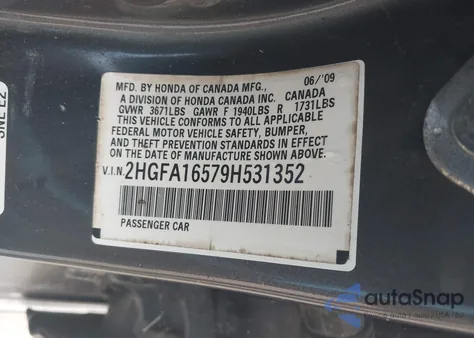 2009 Honda Civic Lx из США, поврежденный, VIN 2HGFA16579H531352